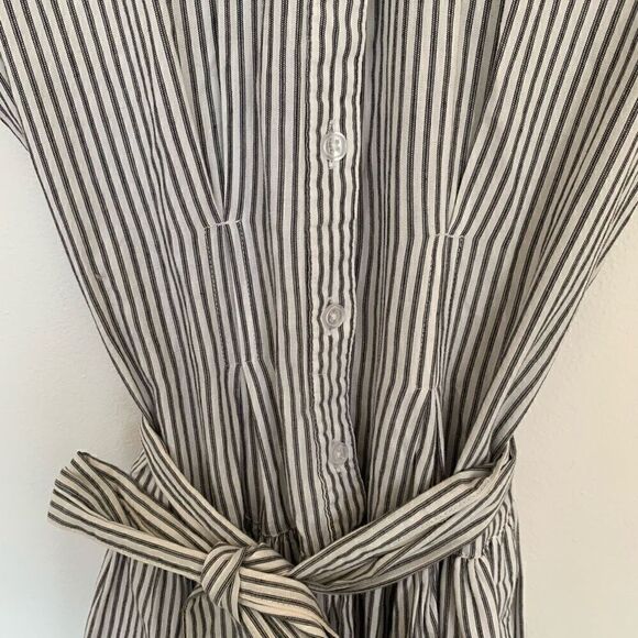 Norma Kamali Striped Cap Sleeve Collared Cinched Drop Waist Aline Dress - Picture 5 of 8